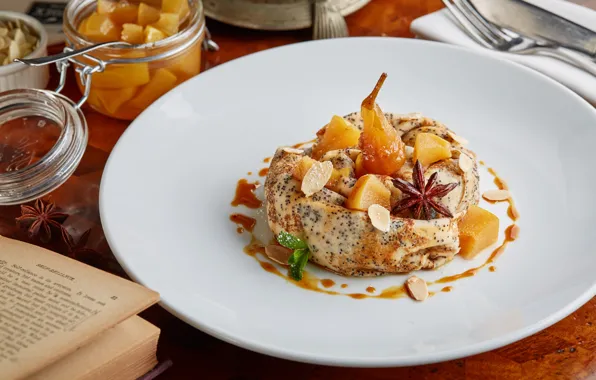 Pear, pancakes, dessert, almonds