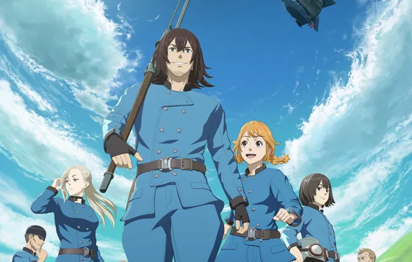 The sky, soldiers, characters, dirigible, Drifting Dragons
