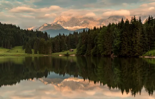 Picture forest, mountains, reflection, Alps, house