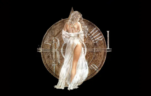 Picture girl, art, blonde, shield, white dress, Luis Royo, black background