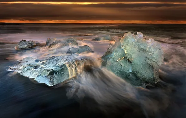 Sea, wave, sunset, ice