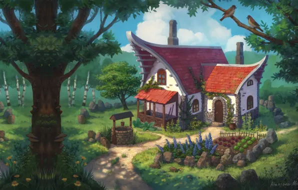 Forest, fantasy, art, house, the garden, children's, Nelly Amosova, Fantasy sketch