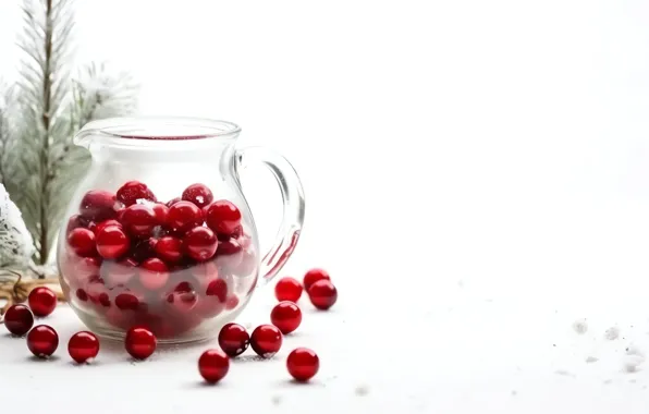 Glass, branches, berries, Christmas, red, white background, New year, pitcher