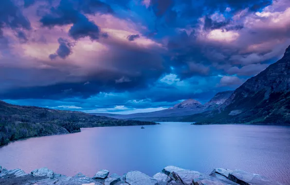 The sky, clouds, mountains, lake, Montana, Glacier National Park, Saint Mary Lake, Rocky mountains
