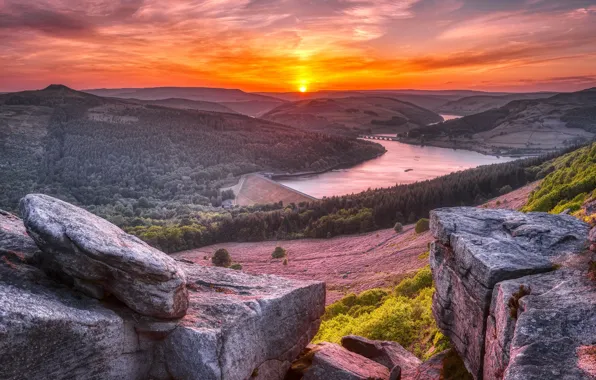 Landscape, sunset, dam