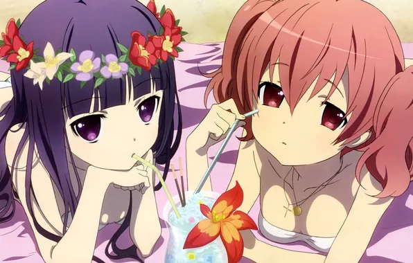 Look, flowers, girls, cocktail, two, wreath, anime, art