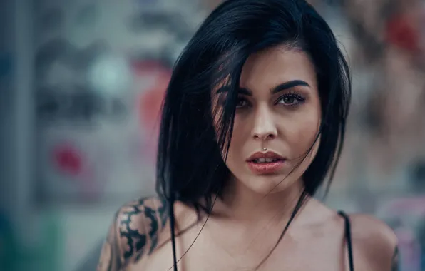 Picture look, background, portrait, makeup, piercing, brunette, tattoo, hairstyle