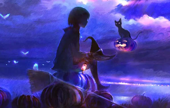 Picture cat, night, rain, girl, witch, Halloween, Jack, by 00