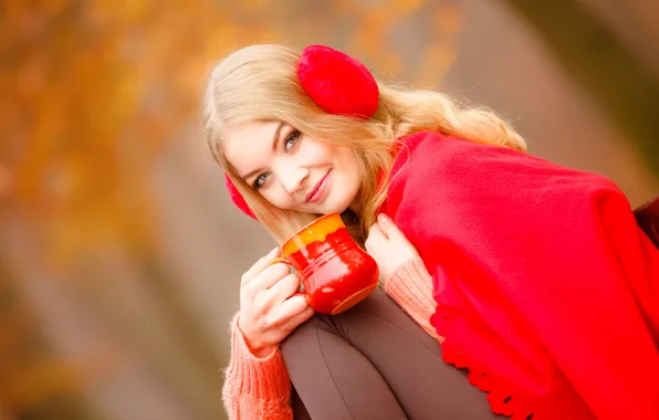 Picture look, girl, smile, background, makeup, headphones, hairstyle, blonde