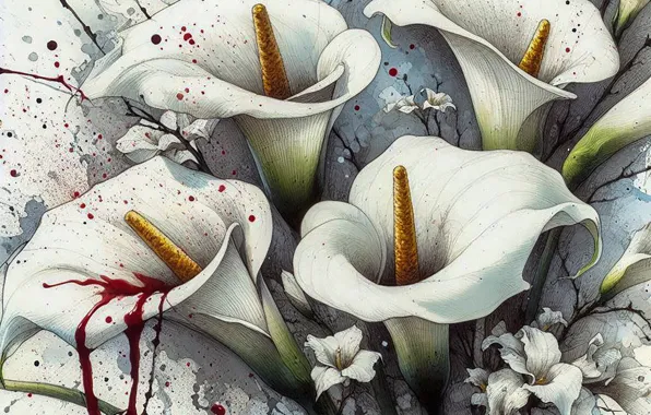 Flowers, blood, white, painting, Calla lilies, a drop of blood, imitation painting, AI art