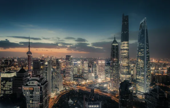 The city, lights, the evening, China, Shanghai, China