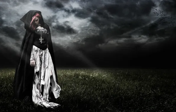 Field, girl, night, clouds, rendering, dark, art, witch