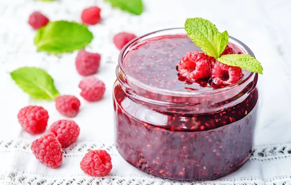Leaves, close-up, berries, raspberry, table, Bank, tablecloth, bokeh