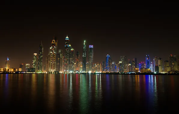 Night, lights, building, Dubai, skyscrapers