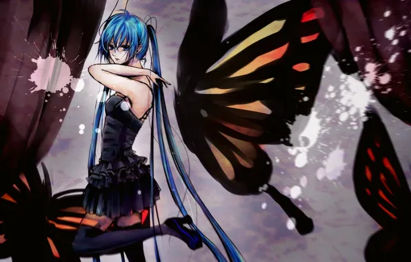 Picture girl, butterfly, shoes, stockings, dress, blue eyes, hatsune miku, Vocaloid