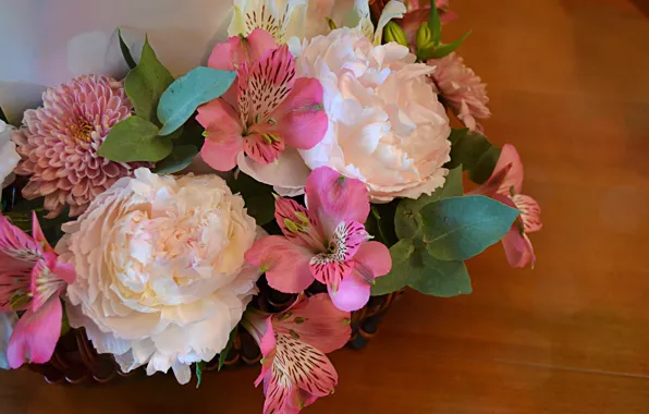 Leaves, joy, flowers, table, Lily, Bouquet, chrysanthemum, peonies