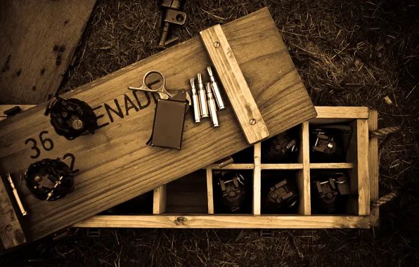 Ring, wooden, box, cartridges, grenades, fuse