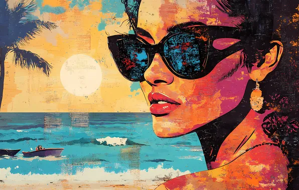 The sun, Sea, Girl, Retro, Glasses, Face, Digital art, Closeup