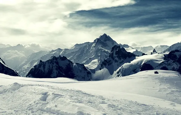 Picture ice, the sky, clouds, snow, traces, the wind, tops, valley