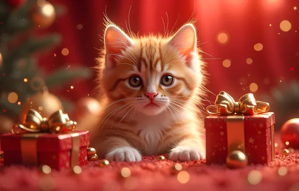 Cat, look, balls, light, pose, kitty, red, Christmas