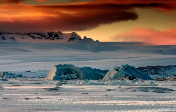 Cold, ice, winter, the sky, clouds, snow, landscape, sunset