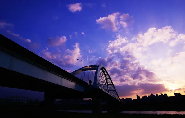 Clouds, sunset, bridge, home
