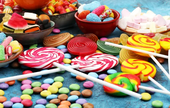 Candy, lollipops, sweet, pills, marmalade, marshmallow