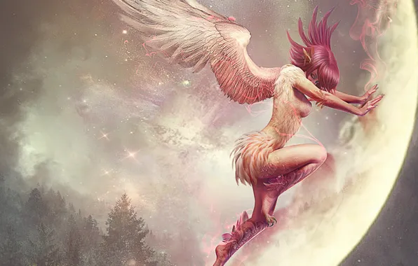 Picture girl, fantasy, the moon, wings, anime, the demon, art, earth. planet