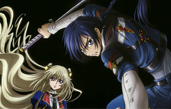 Katana, form, emblem, black background, two, art, code geass, code geass