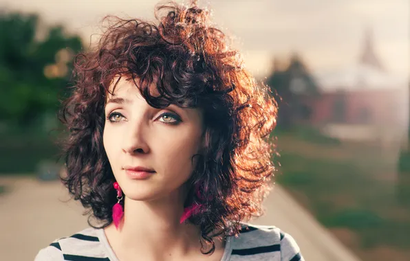 Look, girl, earrings, feathers, brown hair