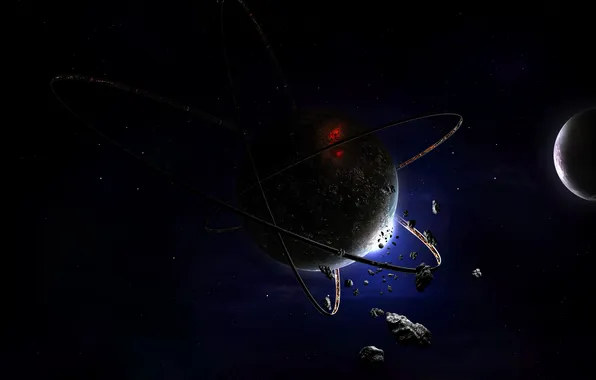 Stars, planet, ring, asteroids