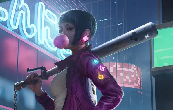 Chain, hooligan, baseball bat, night street, gum, neon lights, bandit, by Richard Foo