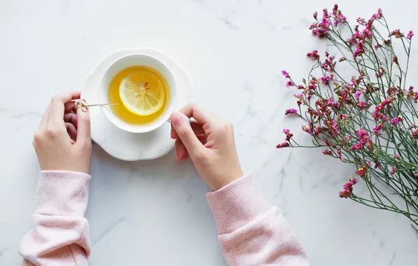Flowers, mood, lemon, tea, hot, hands, Cup