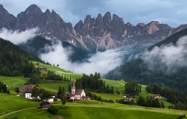 Picture sunset, Dolomite Alps, Church St. Magdalena