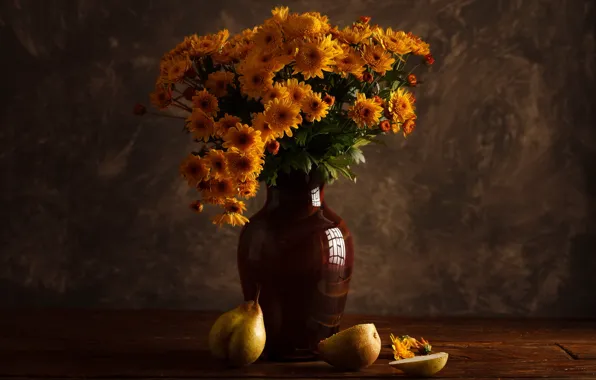 Picture flowers, background, vase, fruit, still life, pear, Wallpaper from lolita777