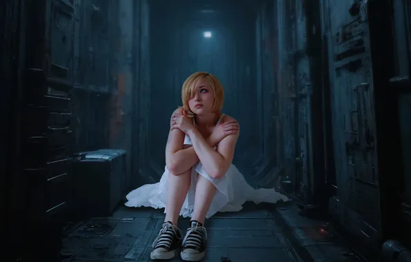 Loneliness, sneakers, white dress, beautiful girl, light bulb, Sergii Vidov, Sitting in the aisle, hands …