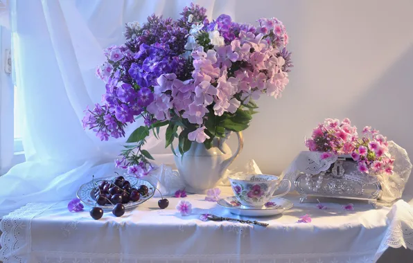 Picture flowers, berries, table, plate, Cup, pitcher, still life, curtain