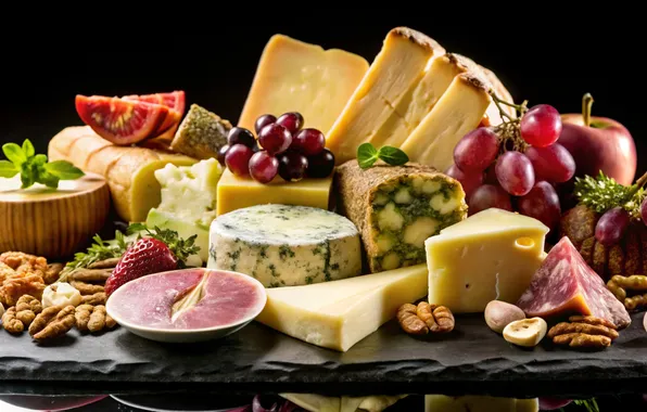 Picture fruit, nuts, grapes, variety, cheeses, platter, slate