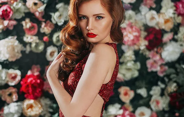 Look, flowers, pose, background, model, portrait, makeup, dress