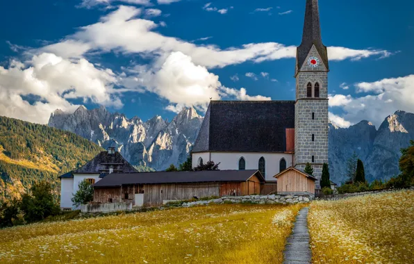 Picture clouds, landscape, mountains, nature, Austria, Alps, track, Church