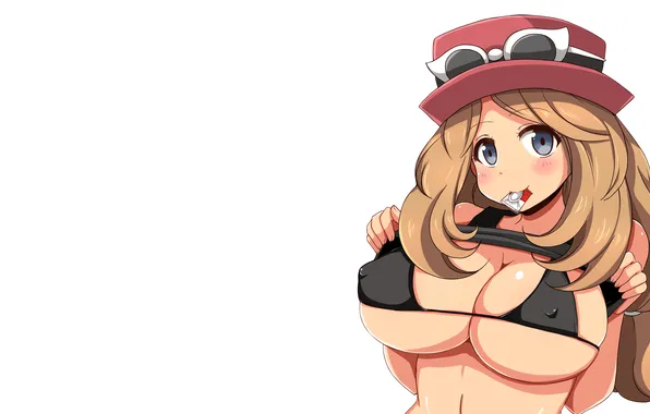 Girl, sexy, cleavage, erect nipples, long hair, hat, boobs, anime