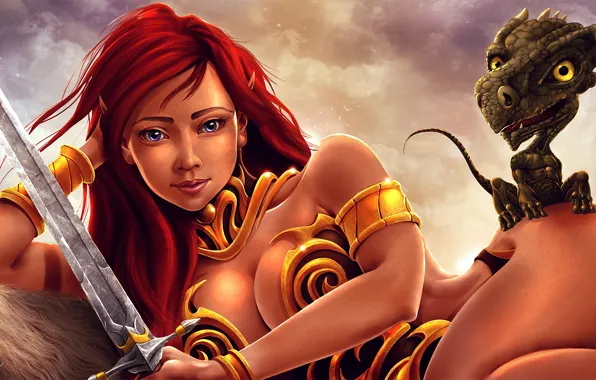 Girl, dragon, elf, sword, art, red, elf, dragon