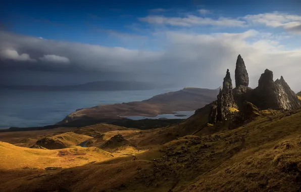 The sky, mountains, lake, rocks