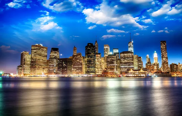 Picture the sky, clouds, lights, river, home, New York, promenade, USA