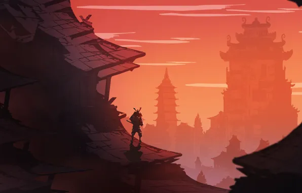 Figure, The city, Warrior, Samurai, Landscape, Art, Landscapes, Digital Art