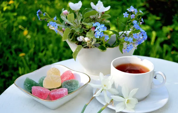 Flowers, tea, bouquet, Apple, forget-me-nots, Narcissus, marmalade