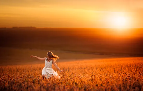 Field, the sun, dress, girl, balance
