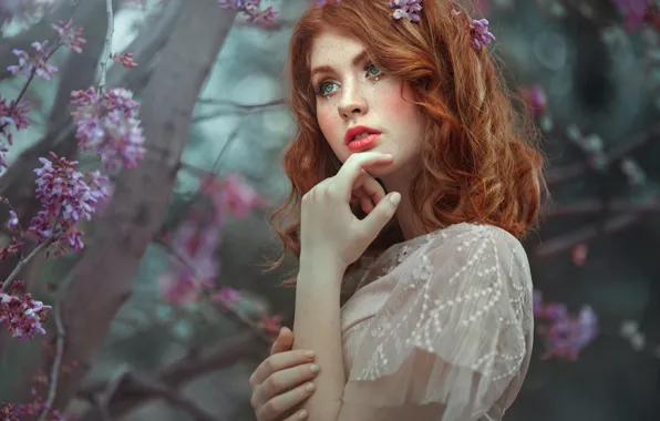 Flowers, look, red, nature, face, girl, Evgeny Loza, lips