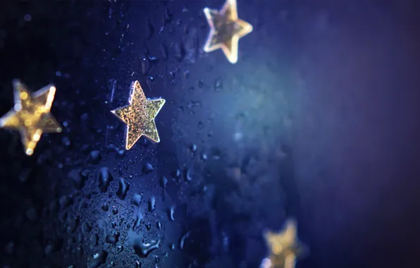 Drops, blue, background, focus, stars