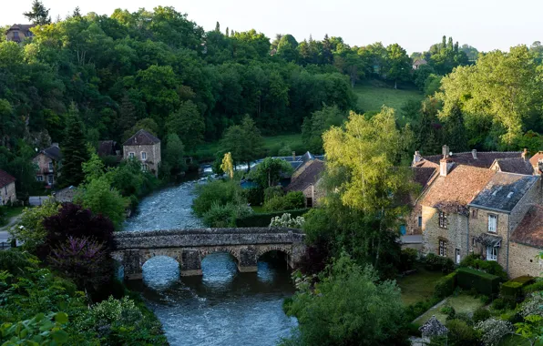 Trees, bridge, France, home, river, village, Saint-Ceneri-le-Gerei